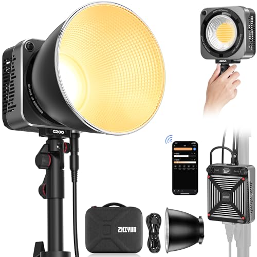 ZHIYUN Molus G200 [Official] Videoleuchte 200W, COB LED Videolicht mit Bowens Mount, Bi-Color Streaming Licht mit 61500 Lux/ 2700~6500K/ CRI≥95/ TLCI≥97/ APP Control, Ultraleise Video/Foto Licht