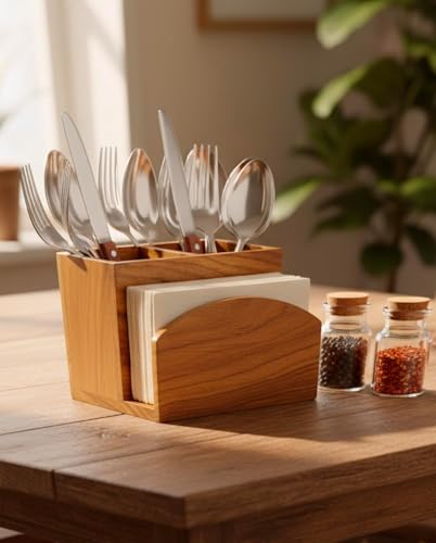 Image of Wooden Brown Dining Table Organizer - Cutlery Holder with Tissue Paper Stand | Spoon, Fork & Napkin Holder for Kitchen & Table | 15 x 10 x 12.5 cm