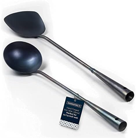 15” Long Hand Forged Carbon Steel Wok Utensil set for Wok Pan, Pre-seasoned Stir Fry Pow Wok Spatula & Ladle by Mammafong - Thumbnail 5