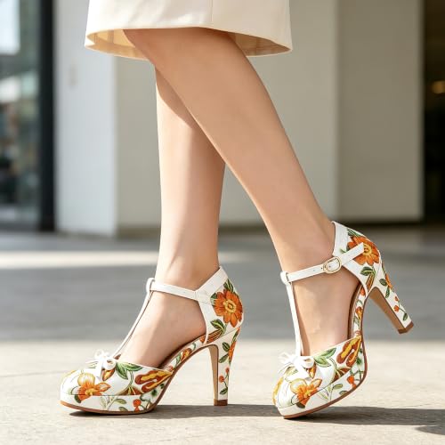 Image of ForeMode Fashion Women T-Strap High Heels Bow Platform Round Toe Pumps Leather Summer Sweet Shoes