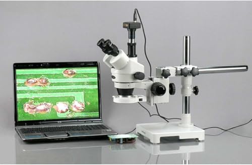 Image of AmScope SM-3TZ-54S Professional Trinocular Stereo Zoom Microscope, WH10x Eyepieces, 3.5X-90X Magnification, 0.7X-4.5X Zoom Objective, 54-Bulb LED Light, Single-Arm Boom Stand, 110V-240V, Includes 0.5X and 2.0X Barlow Lenses