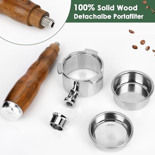 51mm Bottomless Portafilter 3 Ears with 2 Filter Baskets(Single+Double Shots), 100% Stainless Steel Portafilter Compatible with De-longhi Dedica EC680, EC685 & EC885 Espresso Machine,Walnut Handle