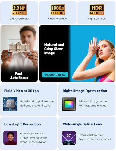 Image of Pro HD 1080p /30fps Webcam with Tripod, External USB Camera for PC /Laptop | Dual noise-cancelling mics | Auto-focus | Wide-angle | Low-light correction | 360 rotation | CMOS sensor | Plug and Play
