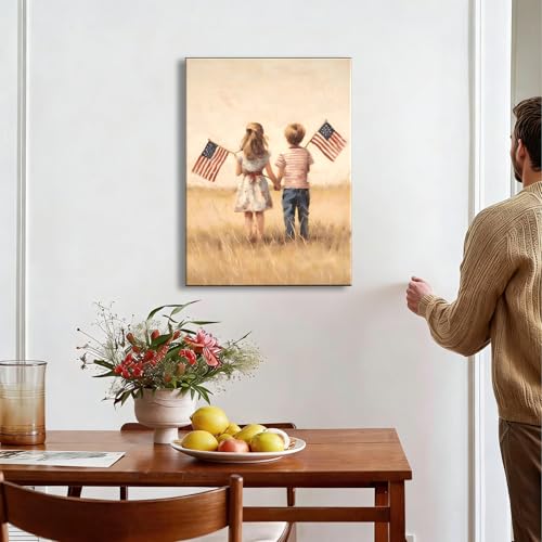 Image of Rustic Patriotic Kids Holding American Flags Wall Art, 4th of July Vintage Canvas Art, Independence Day Wall Decor, Small Framed Artwork for Kids Room, Office, Made in USA