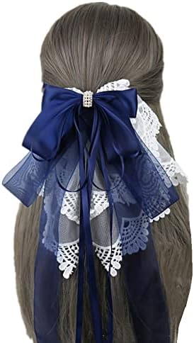 Women Handmade Ribbon Lace Sweet Cute Hairpin Lolita Big Bow Hair Clips Lolita Party Princess Barrette Hair Accessories (Navy)