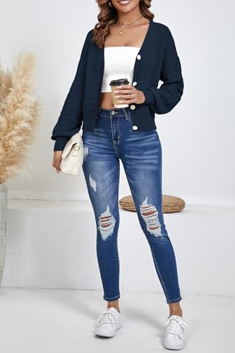 Image of Navy Blue Cardigan for Women Oversized Cardigans for Women Knitted Cardigan Button Down Cardigan Navy Blue Sweater Women XL