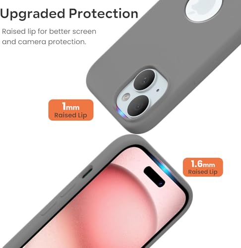 Image of VONZEE Microfiber Logo Cut Cover Compatible for iPhone 15 Case Liquid Silicone Case Non-Slip Full Body 4 Layer Protective Covers Shockproof Back Cover with High Raised Camera Lips (Dark Grey)