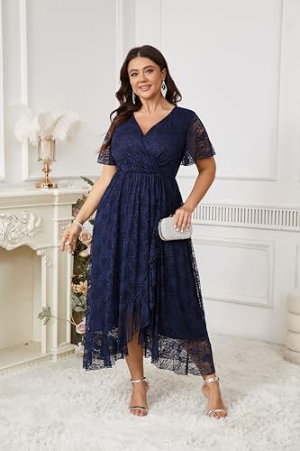 Image of SCOMCHIC Womens Plus Size Wedding Guest Dress Formal Lace Wrap V Neck High Low Short Sleeve Cocktail Maxi Dresses XL-4XL