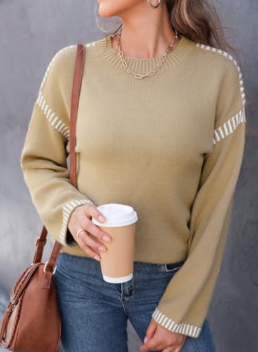 Image of Women's Crewneck Long Sleeve Sweater Casual Fall Contrast Ribbed Knit Pullover Jumper Tops
