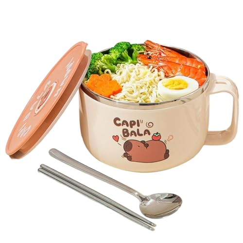 Muzrunq Lot de 2 bols de nouilles instantanées avec poignée, bol ramen instantané Capybara 800 ml avec couvercle et vaisselle, cuiseur à ramen en acier inoxydable 316 pour soupe, nouilles