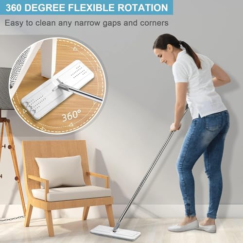 Image of VELQUOR Flat Mop and Bucket Set, Self-Cleaning with Wringer Scraper, Wet Dry Mop, Microfibre Pads Included