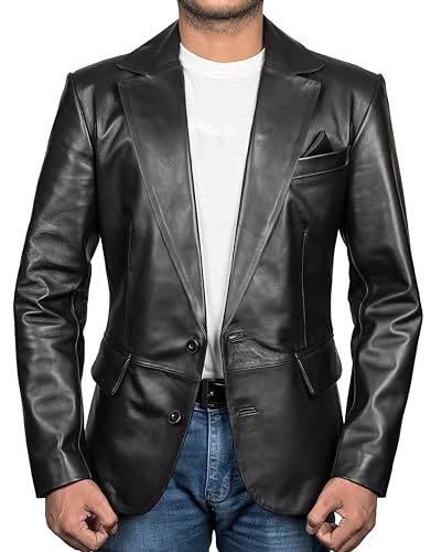 HIGOBO Genuine Lambskin Black Leather Blazer for Men Overcoat Casual Blazer Jacket for Men