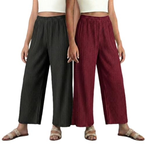 Image of Set of Combo Trouser and Pants for Girls and Women's Relaxed Fit Stretchable Regular Fit Palazzos Lightweight Elastic Waistband Bottoms for Daliy Office & Casual Wear