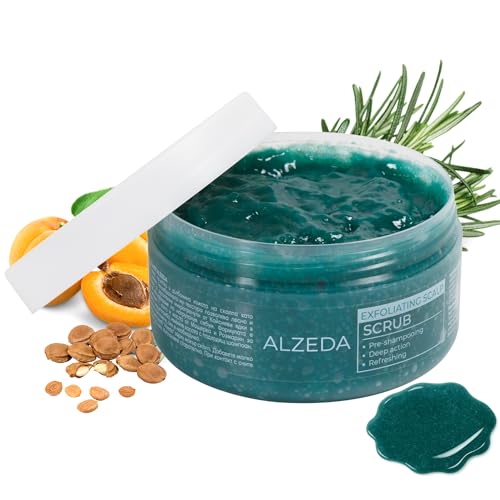 ALZEDA Exfoliante para cuero cabelludo, 250 ml, exfoliación mecánica con polvo de albaricoque y sílice, desoxidante fresco con té verde, pre-champú, elimina el sebo y los residuos, para cuero