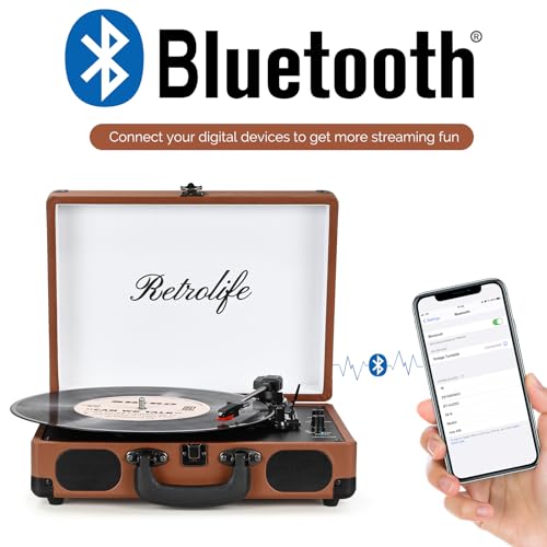 Image of Vinyl Record Player 3-Speed Bluetooth Suitcase Portable Belt-Driven Record Player with Built-in Speakers RCA Line Out AUX in Headphone Jack Vintage Turntable Brown