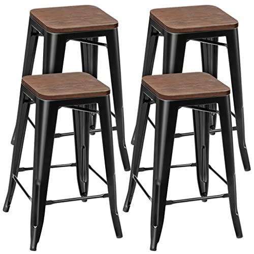 Juego de 4 taburetes apilables de metal de 26 pulgadas con asiento de madera
