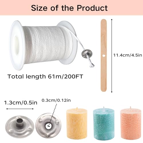 【200 Feet】Candle Wick Roll with 125 Pcs Metal Candle Wick Sustainer Tabs, 80Pcs Candle Wick Stickers and 5Pcs Wooden Candle Wick Centering Device, 61m Natural Cotton Candle Wicks for Candle Making Kit - Thumbnail 3