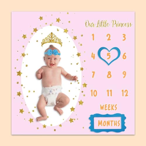 Image of Monthly Milestone Blanket for Baby Girl, 47 inchx47 inch Soft Flannel Pink Princess Memory Growth Blanket, Photography Backdrop Prop for Newborn Baby Shower, 1 to 12 Months Include Marks BTXTPH837