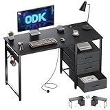 ODK 120cm Computer Desk with Drawers, Office Desk with 2 Sockets & USB Ports, Reversible PC Table with Storage, Study Table for Home Office & Bedroom, Black
