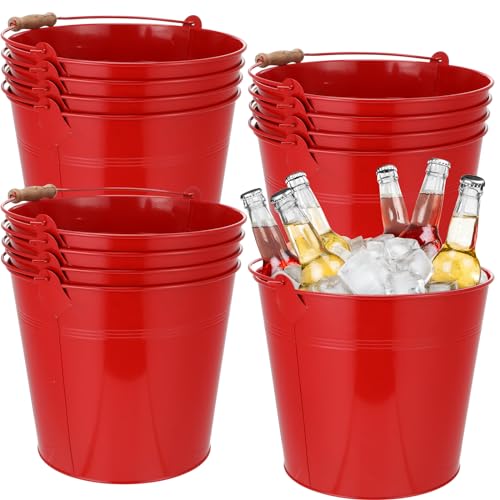 Didaey 12 Pcs Large Galvanized Metal Buckets with Handle 10 Inch Heavy Duty Stainless Steel Pails Round Pail for Party Wedding, Crafts, Utensils, Table Centerpieces (Red)