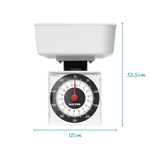 Miniatura 7 de Salter 022 Whdr Báscula Mecánica Con Bol De Cocina, Máx. 500 G, Mide En Incrementos De 5 G, Analogica, Portatil, Pesar Y Preparar Alimentos Con Facilidad, Recipiente Apto Para Lavavajillas, Blanco