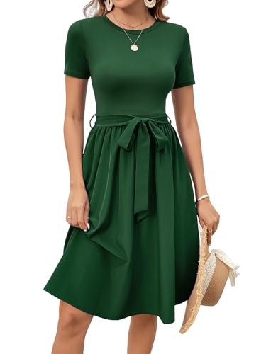 Image of Women's Elegant Vintage Round Neck Short Sleeve Summer Casual Work Party A-Line Dress with Belt 809
