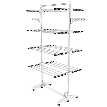 Foto di Todeco Stendibiancheria a torre pieghevole a 4 livelli in acciaio inox, asciugabiancheria a torre con 6 ruote, ali, asta superiore, stendibiancheria mobile per balcone, soggiorno, vasca da bagno, nero