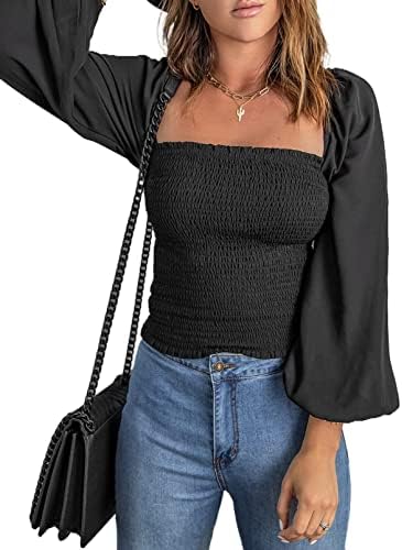 EVALESS Blouses for Women Puff Long Sleeve Square Neck Shirts Off The Shoulder Floral Ladies Tops and Blouses