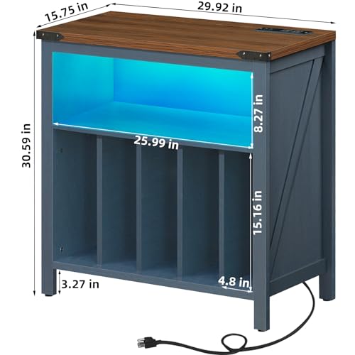 Joaxswe Large Record Player Table with Charging Station & LED Lights, Blue Vinyl Record Storage Cabinet Holds up to 230 Albums, Turntable Stand with Display Shelf for Music Room Bedroom Living Room