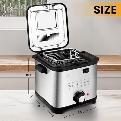 Image of SUSTEAS 1.5 Liter /1.35QT Electric Deep Fryer, 900W, Timer Control, Adjustable Temperature, Lid with Viewing Window and Removable Frying Basket, Stainless Steel, Perfect for Kitchen, French Frie