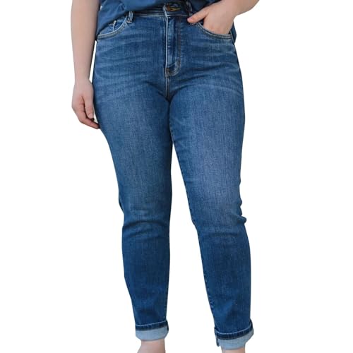 IQYU Pantalones vaqueros elásticos para mujer, pierna recta, talla corta, cintura alta, tallas grandes, pantalones vaqueros de cintura alta, pantalones vaqueros boyfriend, vaqueros azules