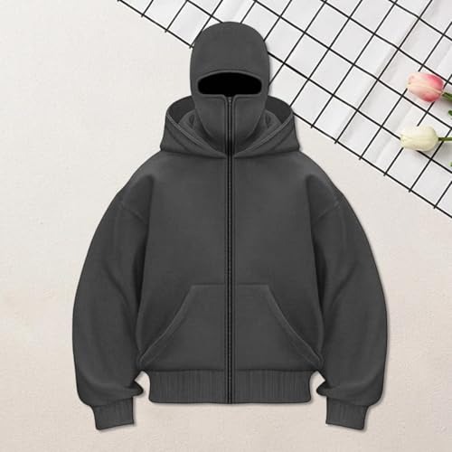 Muineobuka Men's Balaclava Hoodie Fashion Double Hooded Zip Up Long Sleeve Windproof Athletic Sweatshirt with Warm Mask3