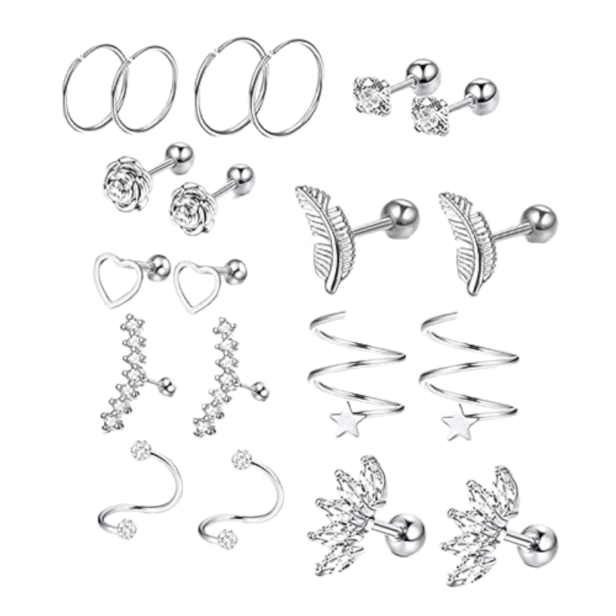 20x Stainless Steel Earrings Set, Heart Flower Feather