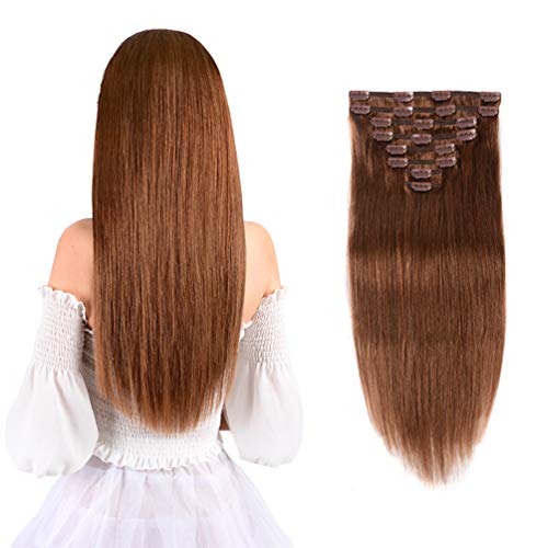 16" Remy Clip in Hair Extensions Human Hair Light Brown for Women Beauty - Long Silky Straight 8pcs 20clips Real Hair Extensions Clip In Human Hair (16 inch 100g #6 Light Brown)
