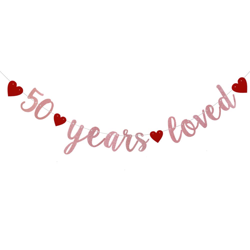 50 Years Loved Banner, Pre-Strung,Rose Gold Glitter Paper Garlands for 50th Birthday/Wedding Anniversary Party Decorations Supplies, No Assembly