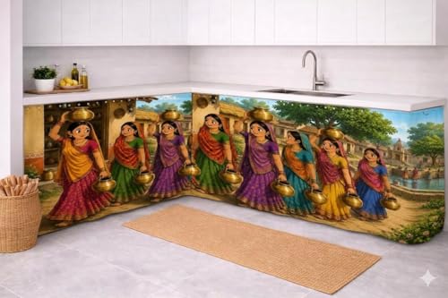 Image of REXOTEX Premium Printed Kitchen Sink Curtain | Kitchen Under Sink Curtain | Decorative Cabinet Cover | Washable & Dustproof | Modern Curtain (1, Women Water Pots)