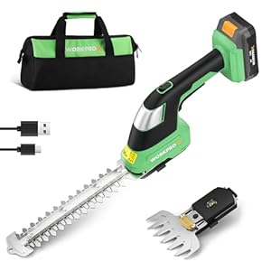 WORKPROX 2-in-1 Cordless Hedge Trimmer and Grass Shear, 20 V Electric Hedge Trimmer with 2000 mAh Battery, Lightweight Handheld Garden Trimmer with 2 Interchangeable Blades, Carrying Tool Bag Included