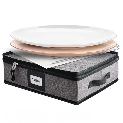 Image of Hearth & Harbor Platter Storage Cases, China Storage Containers, Grey | Hard Shell, Quilted Dish Storage with Felt Dividers, Handles and Lid for Moving, Seasonal Organization, Service of 12
