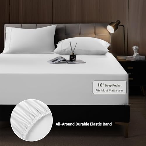 Image of Shilucheng 4 Piece Full Sheet Sets, Cooling Sheets, Blend Rayon Derived from Bamboo, Deep Pocket Up to 16 inch, Breathable & Soft Bed Sheets, Hotel Silky Bedding Set, White