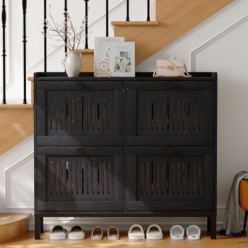 Garvee 4 Flip Drawer Shoe Cabinet with Adjustable Shelves, Hidden Shoe Organizer with Large Capacity, Freestanding Wooden Shoe Rack for Entryway, Hallway, Living Room, Black by Garvee - Used condition - US$87.90