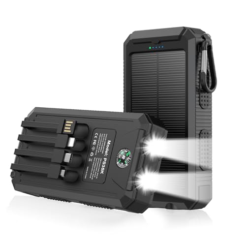 Kepswin Solar Charger 20,000mAh, Portable Power Bank, 4 Cables Outdoor Waterproof External Backup Phone Charger with USB-C for Cell Phones, Solar Battery Pack with Dual Flashlight for Camping