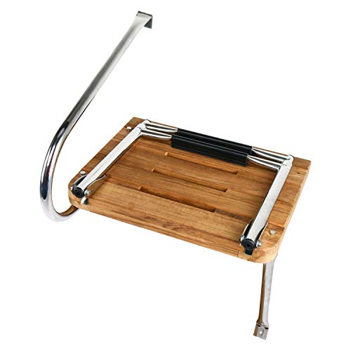 DasMarine Universal Outboard Teak Wooden Swim Platform Under Mount Fold Down 2 Step 316 Stainless Steel Ladder with Single Handrail(Mounting Screws are Included)