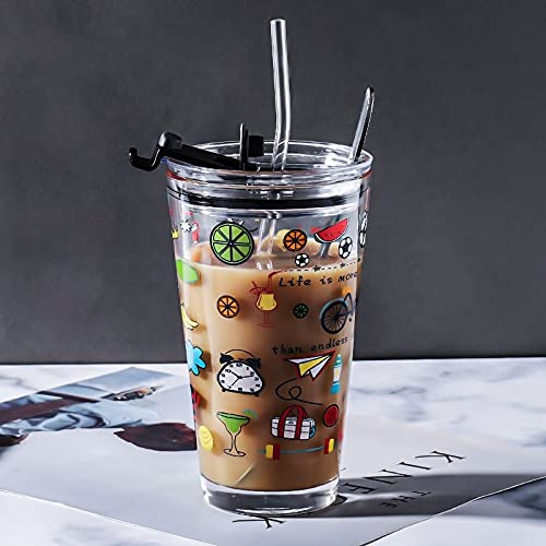 Image of KHOLAD Cartoon Creative Pattern Juice Drinking Glass Tumbler Coffee Mug & Milk Cup with Silicone Straw & Lid 400ml, Multipurpose Measuring Mug /Cup, Travel Sipper Bottle Pack of 1 (Printed)