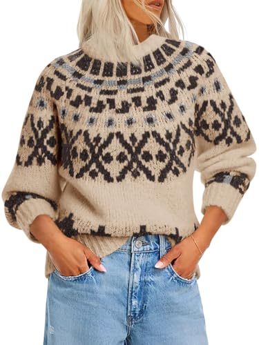 Saodimallsu Womens Fair Isle Sweater Vintage Crew Neck Long Sleeve Chunky Knit Fall Winter Pullover Sweaters Tops