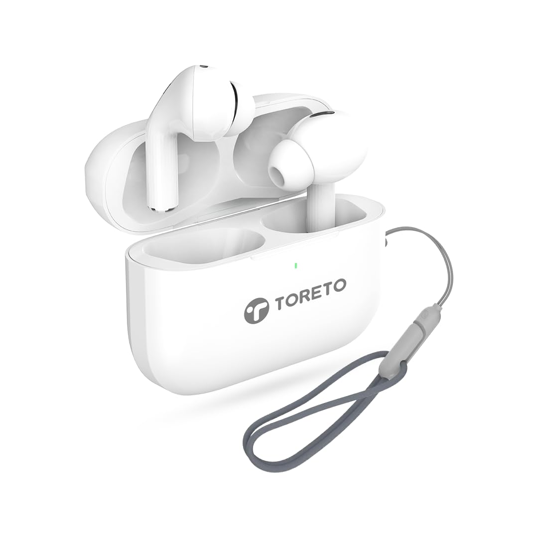 Toreto TWS Wireless Earbuds Quad Mic Enc Cristal Clear Calling 40H Playtime 10Mm Drivers Headphones Quick Pairing, Bluetooth V5.3. Touch Control, Voice Assistant, Type C Charging (Air Flex, White)