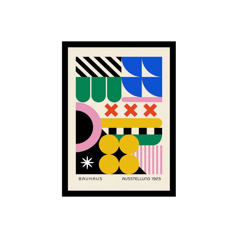 Image of BLINKART Vintage Bauhaus Retro Geometric Aesthetic Poster Gallery | Colorful Wrap Framed For Home Office Studio Living Room Modern Art Studio Decoration Abstract Shapes | (d161) | 13x10 Inch
