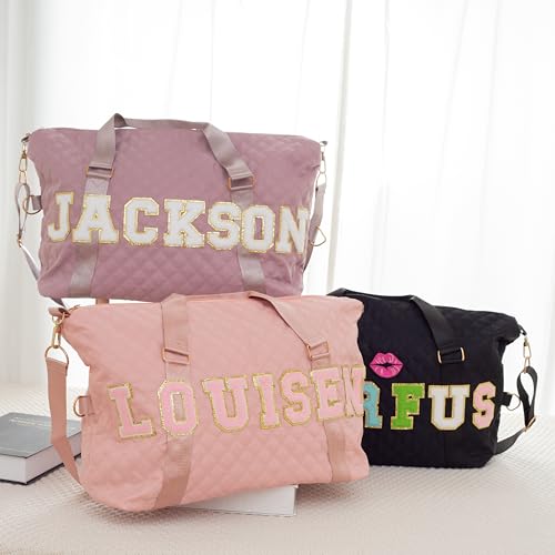Personalized Sport Gym Bag for Girl with Chenille Letters,Custom Dance Duffel Bags, Sewn on Name Waterproof Travel Tote Bag,Overnight Weekender Bag2
