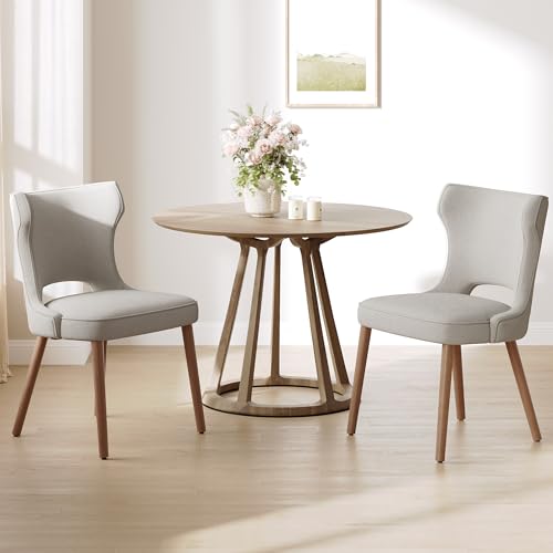 Image of Wooden Dining Chairs Set of 2, Farmhouse Dining Room Chairs with Solid Wood Legs, Mid Century Fabric Kitchen Chairs, Upholstered Chair for Restaurant & Cafe- Camel