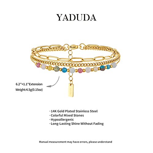 YADUDA Layered Bracelets Dainty Gold Bracelets for Women Chain Link Paperclip with Malachite Colorful Mixed Stones Blue Turquoise Rhodochrosite Adjustable 14K Gold Plated Boho Bracelets for Women2