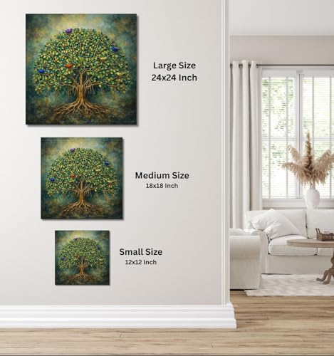 Image of Kunj Cart Kalpavriksha Tree Painting | 8+ DESIGNS | Kalpvriksh Tree Wall Painting | Lucky Tree Wall Art For Living Room, Bedroom and Office Decor | Canvas Painting for Wall Decoration (Design - F, 12x12 Inch, Framed)